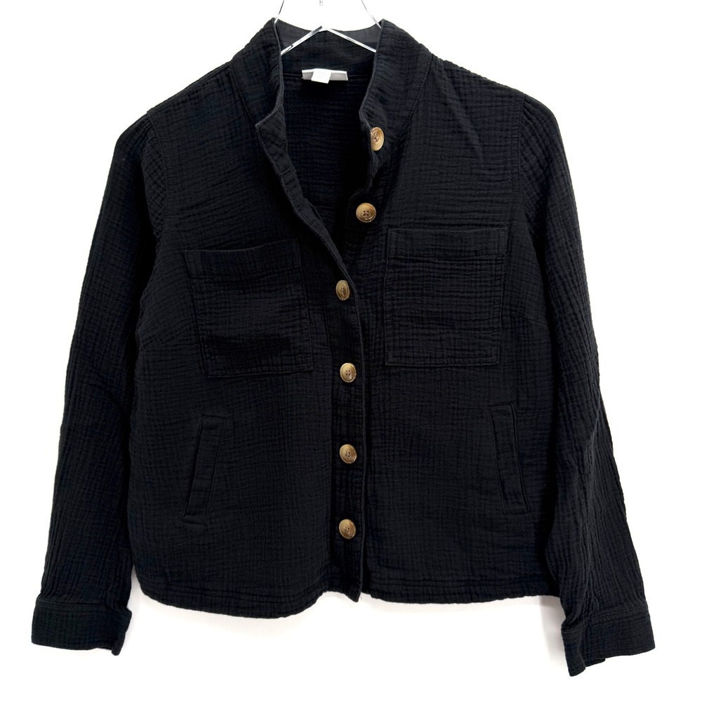 J. Jill Black Double Gauze Jacket Petite XS XSP Cotton Button Front Lightweight